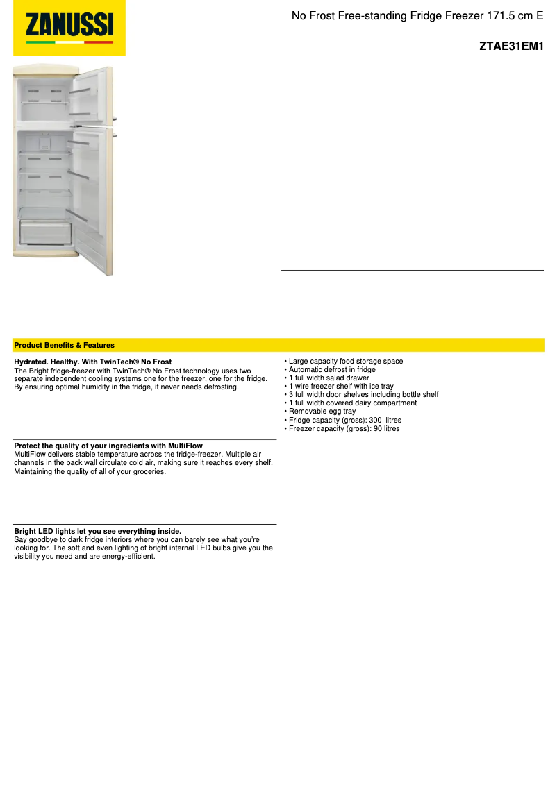 Page 1 de la notice Fiche technique Zanussi ZTAE31EM1