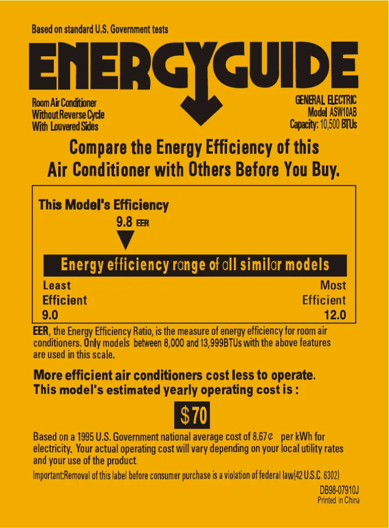 Página 1 del manual Etiqueta energética GE ASW10AB