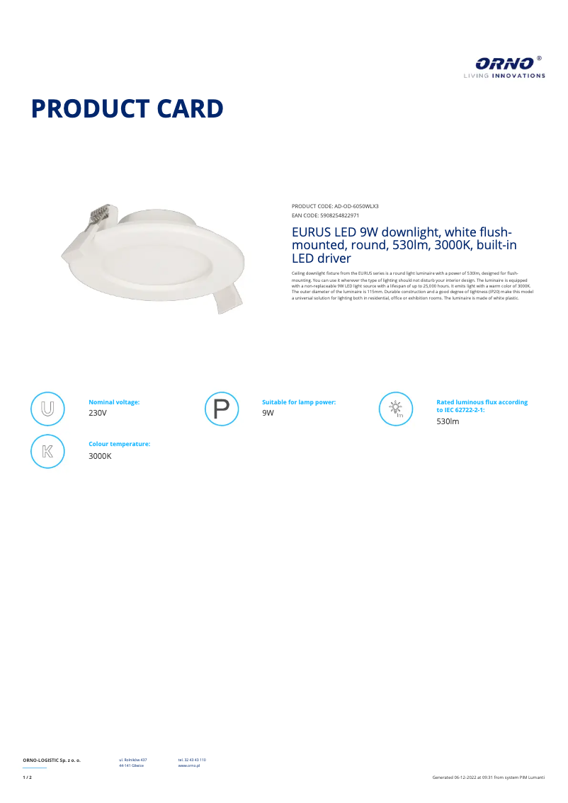 Page 1 de la notice Fiche technique Adviti AD-OD-6050WLX3