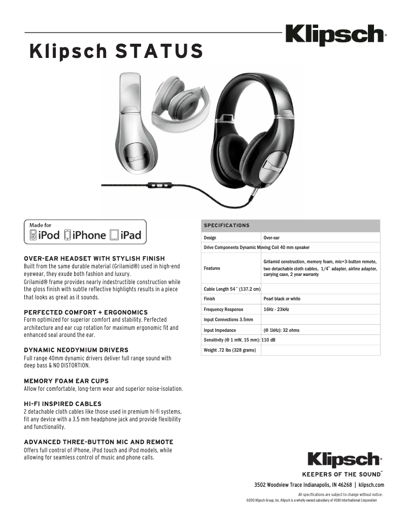 Page 1 de la notice Fiche technique Klipsch STATUS