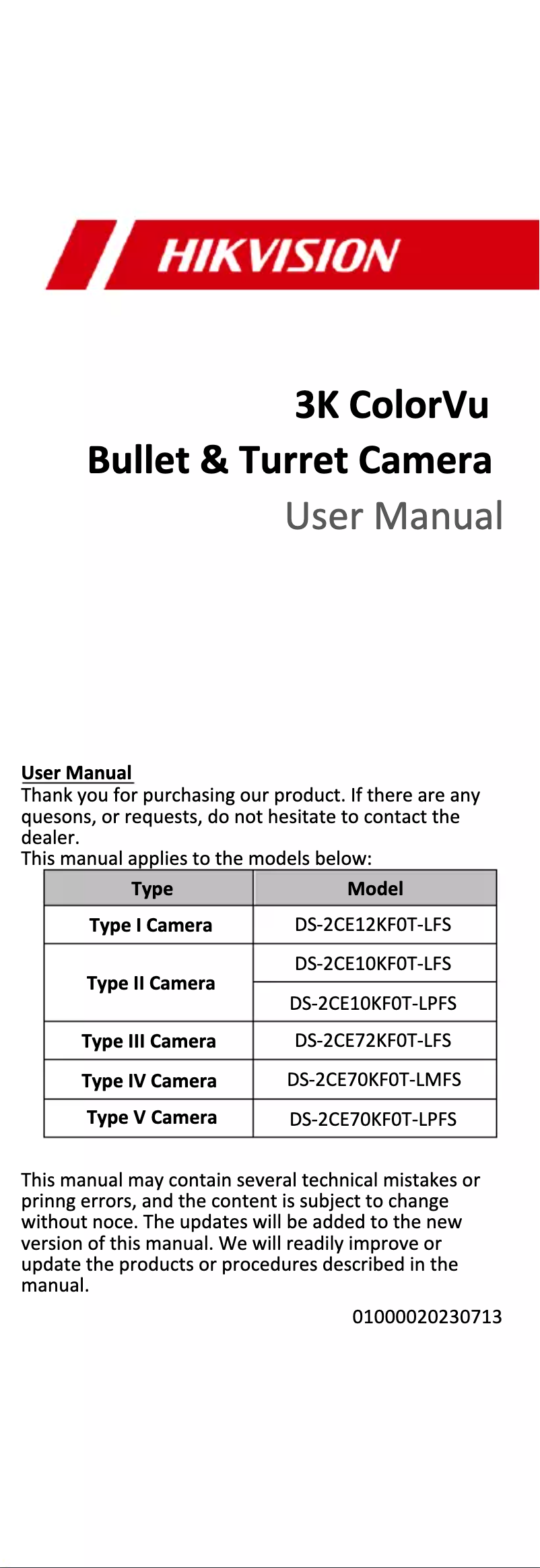 Page 1 de la notice Manuel utilisateur Hikvision DS-2CE72KF0T-LFS