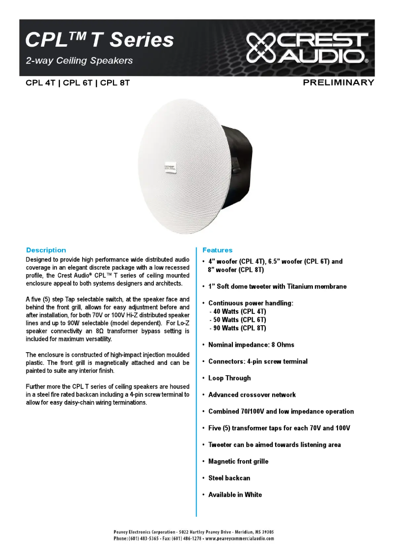 Page 1 de la notice Fiche technique Crest Audio CPL 4T