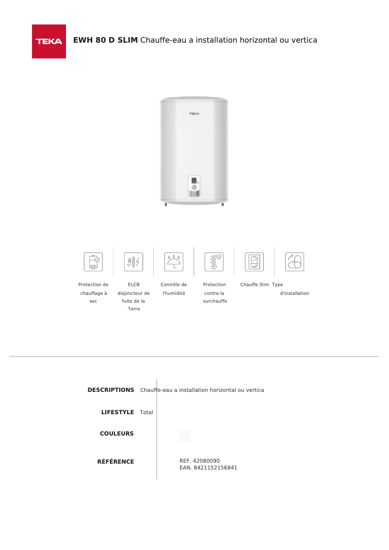 Page 1 de la notice Fiche technique Teka EWH 80 D SLIM