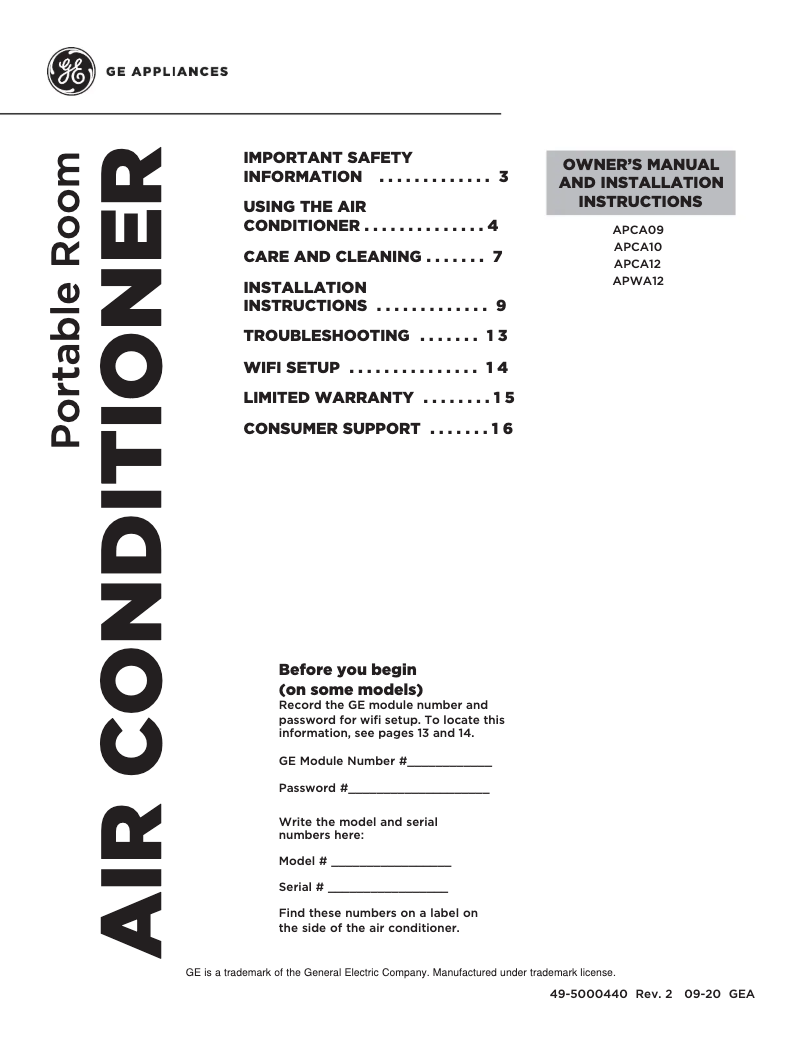 Página 1 del manual Manual de usuario GE APCA12XYLW