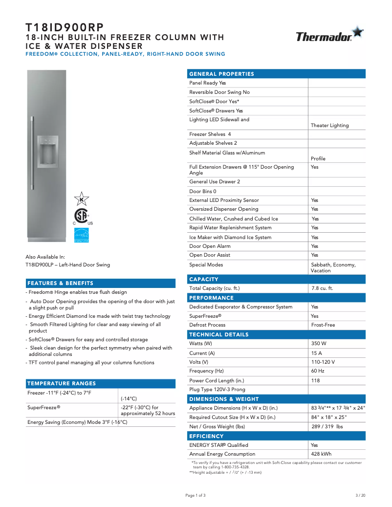 Page 1 of the manual Technical Sheet Thermador T18ID900RP
