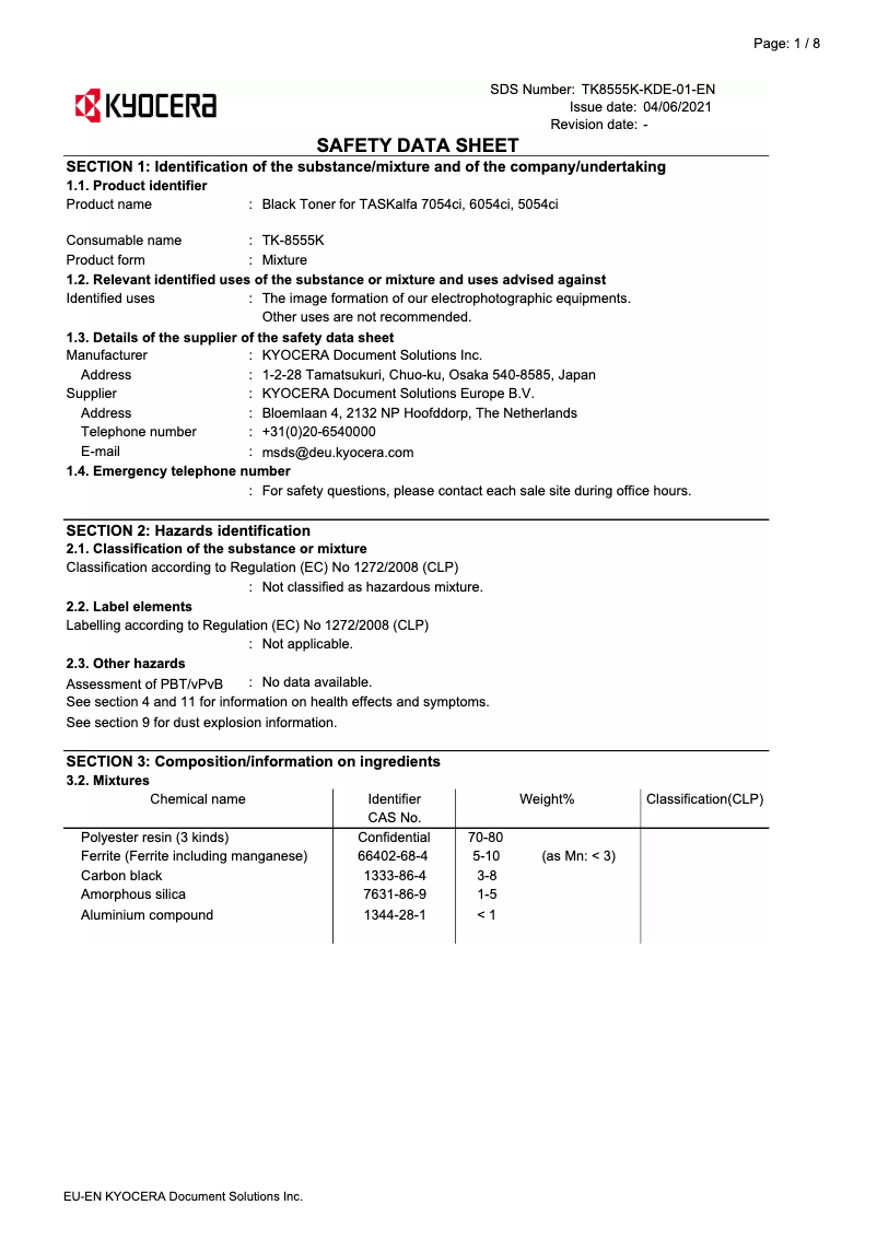 Page 1 de la notice Instructions de sécurité Kyocera TASKalfa 6054ci