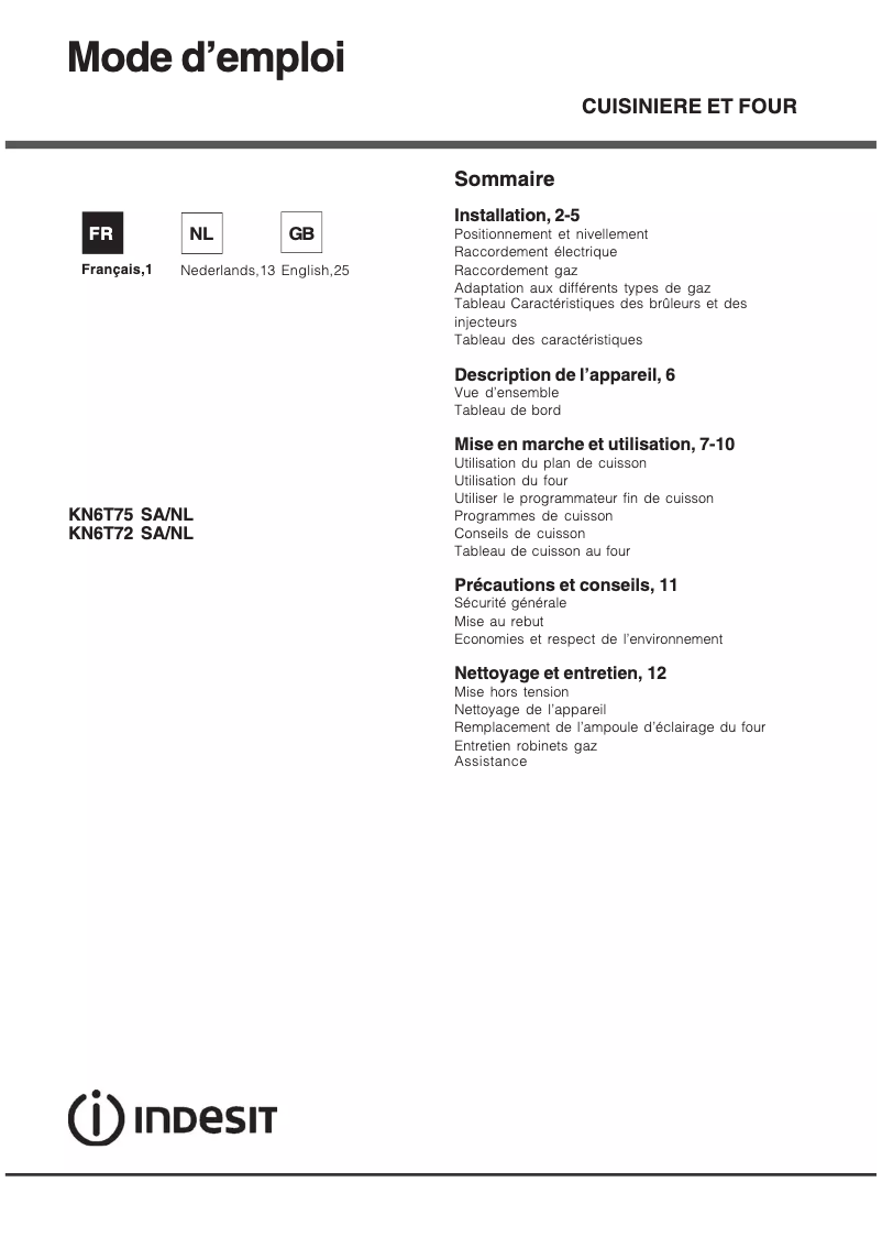 Page 1 de la notice Manuel utilisateur Indesit KN6T75 SA