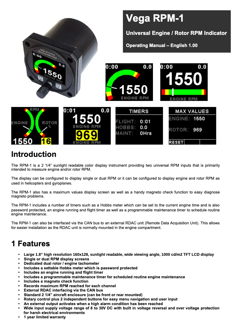 Page 1 de la notice Manuel utilisateur MGL Avionics RPM-1