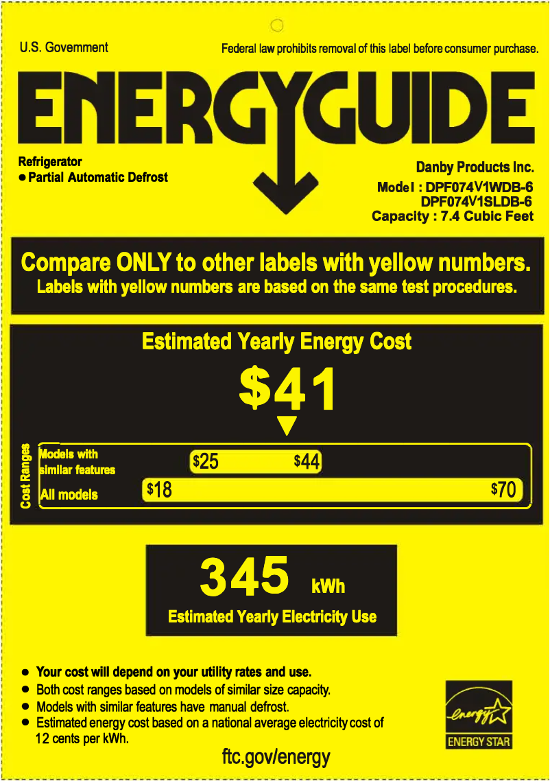Page 1 de la notice Label énergétique Danby DPF074V1WDB-6