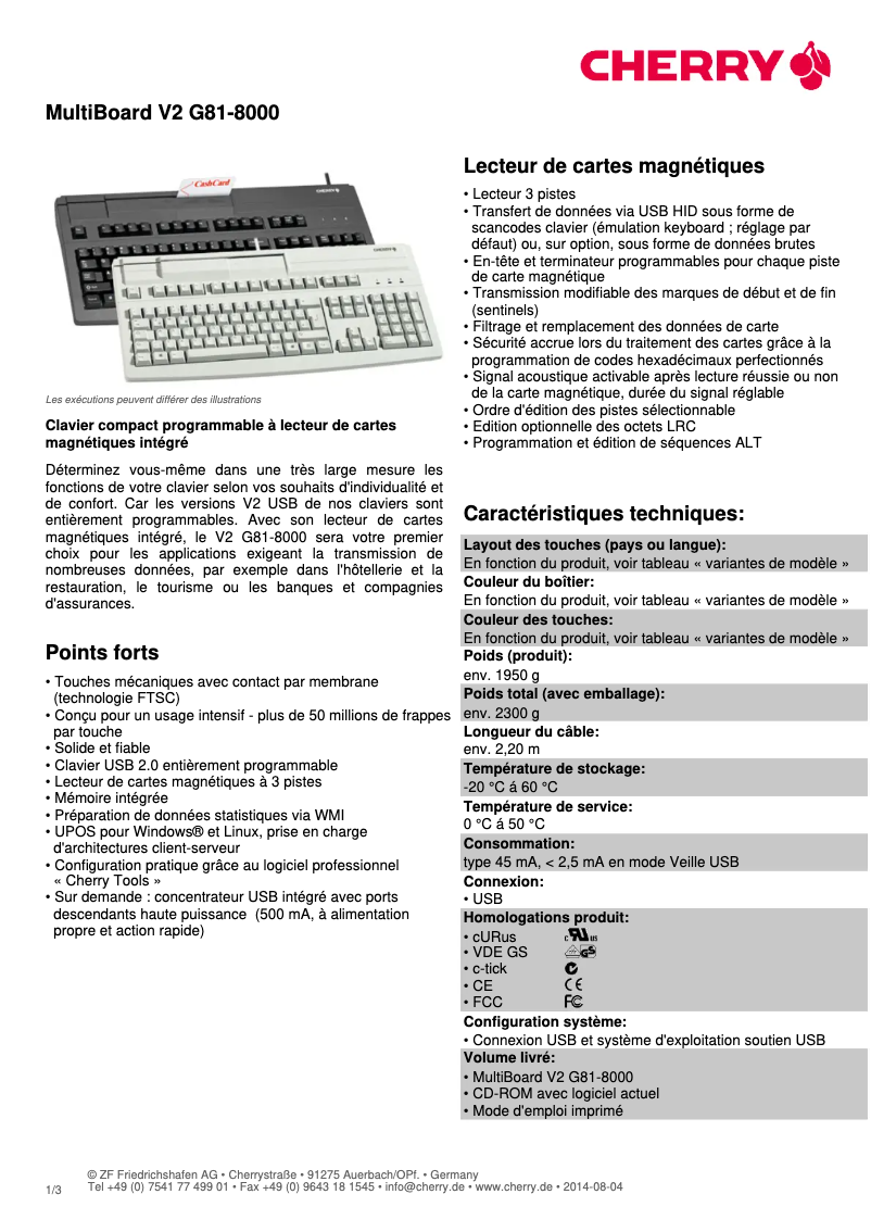 Page 1 de la notice Fiche technique Cherry MultiBoard V2 G81-8000