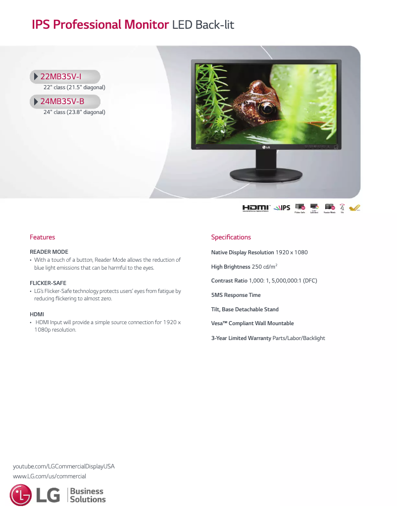 Page 1 de la notice Fiche technique LG 22MB35V-I