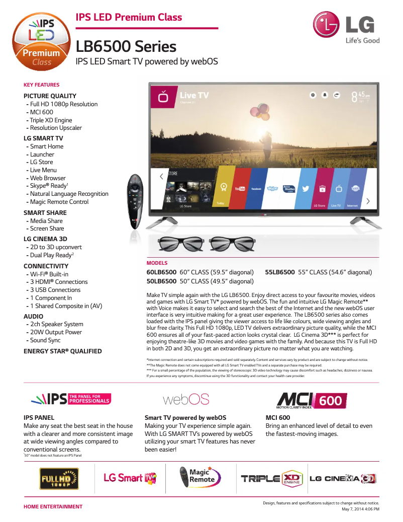 Page 1 de la notice Fiche technique LG 50LB6500