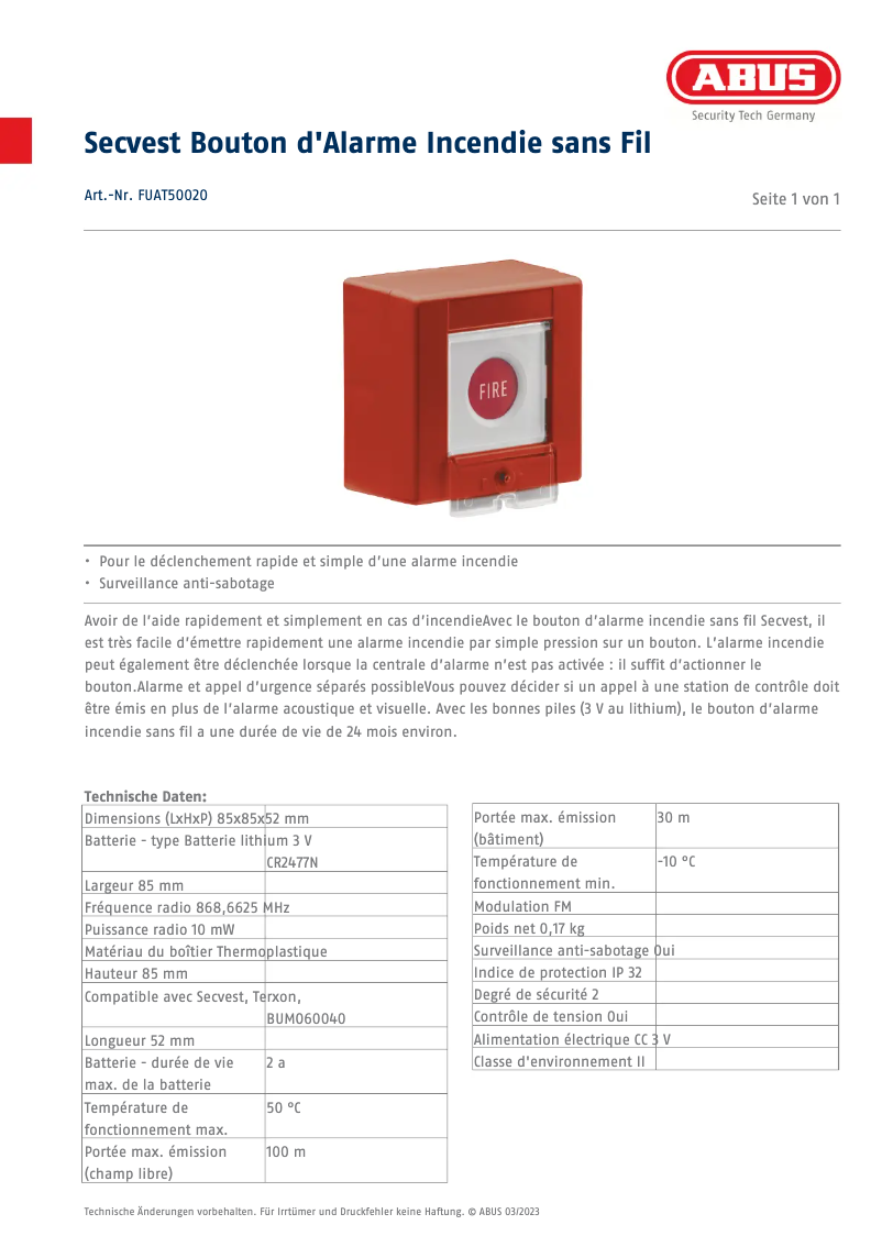 Page 1 de la notice Fiche technique Abus FUAT50020