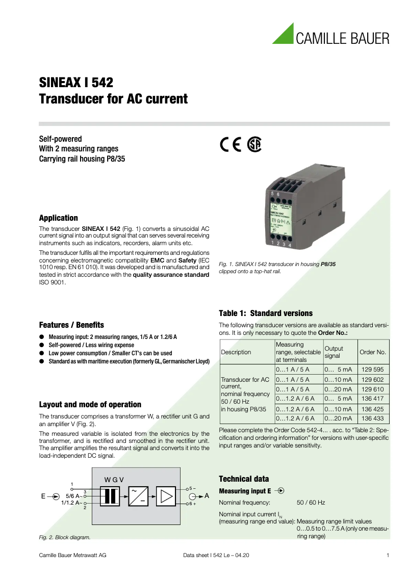 Page 1 de la notice Fiche technique Camille Bauer Sineax I542