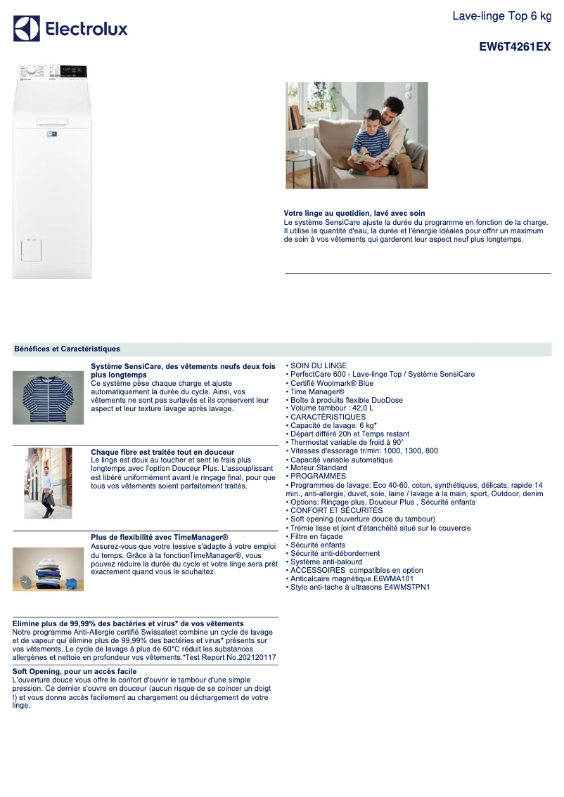 Page 1 de la notice Fiche technique Electrolux EW6T4261EX
