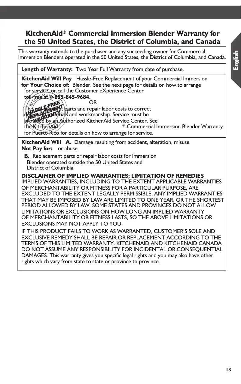 Page 1 de la notice Informations de garantie KitchenAid KHBC212ER