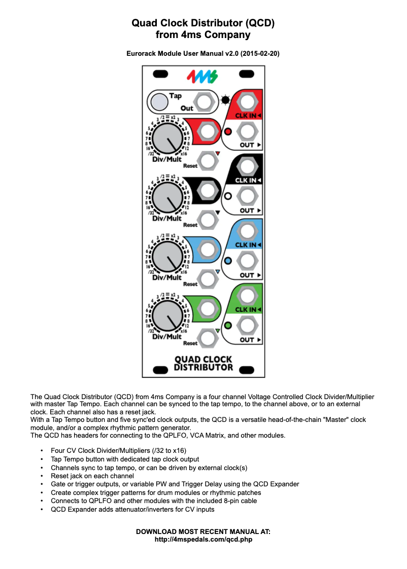Page 1 de la notice Manuel utilisateur 4ms Quad Clock Distributor