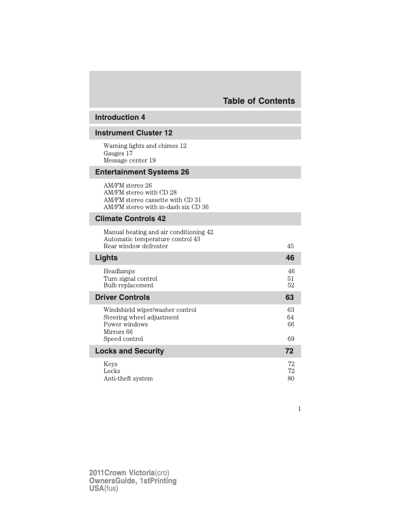 Page 1 de la notice Manuel utilisateur Ford Crown Victoria (2011)