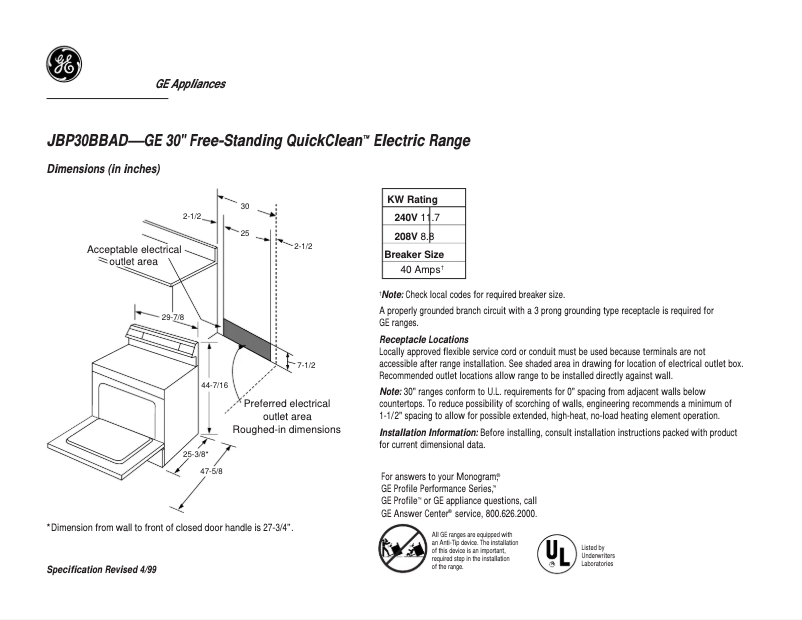 Page n°1 - Fiche technique GE Spectra JBP30BBAD