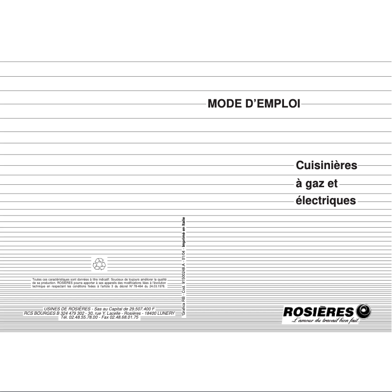 Page 1 de la notice Manuel utilisateur Rosieres CF CG 430 RB