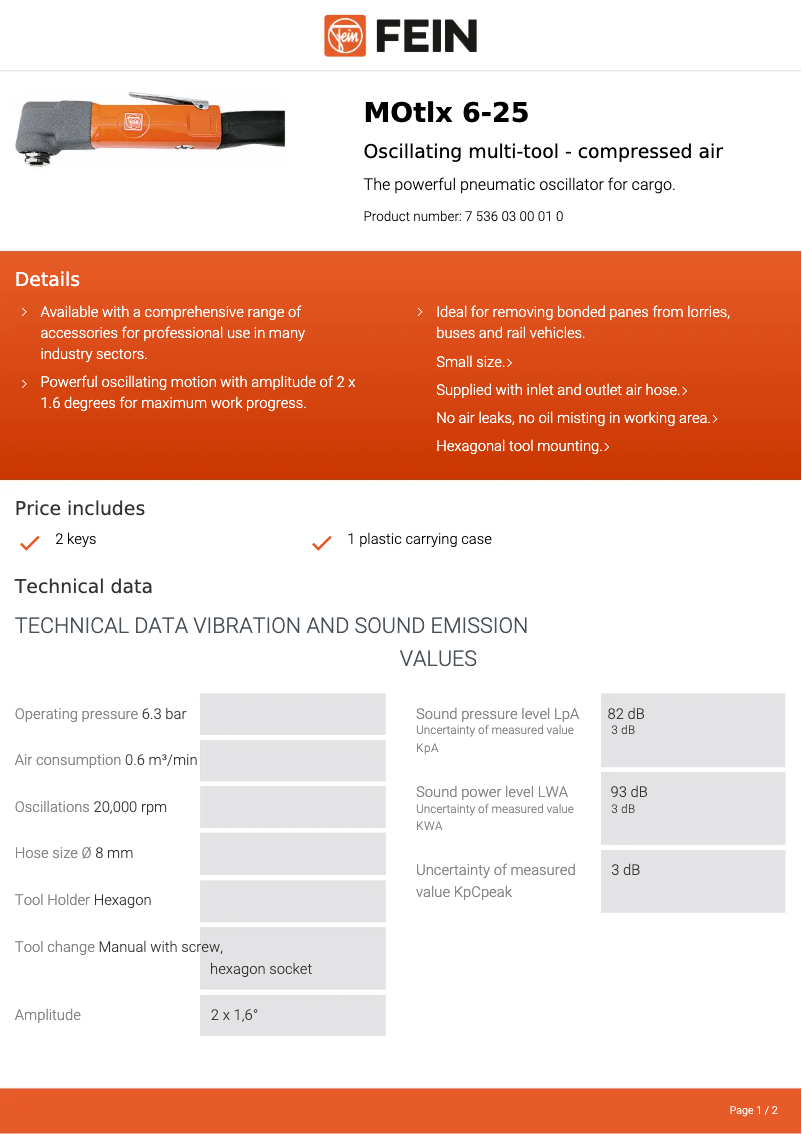 Page 1 de la notice Fiche technique Fein MOtlx 6-25