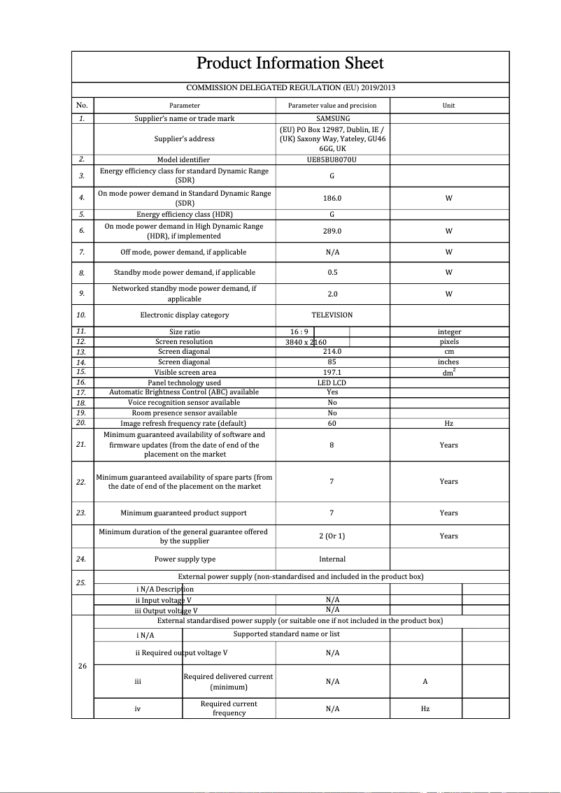 Page 1 de la notice Fiche technique Samsung UE85BU8070U