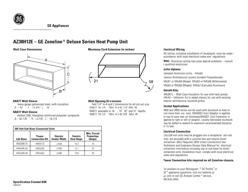 Page n°1 - Fiche technique GE AZ38H12EAD