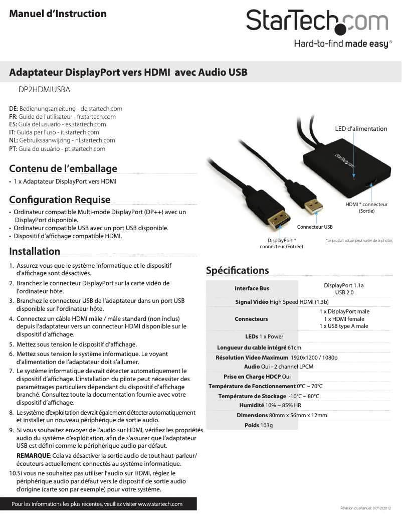 Page 1 de la notice Manuel utilisateur StarTech.com DP2HDMIUSBA