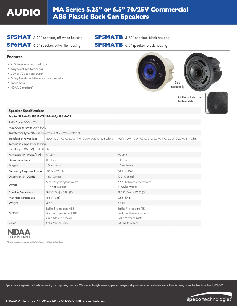 Page 1 de la notice Fiche technique Speco Technologies SP6MATB