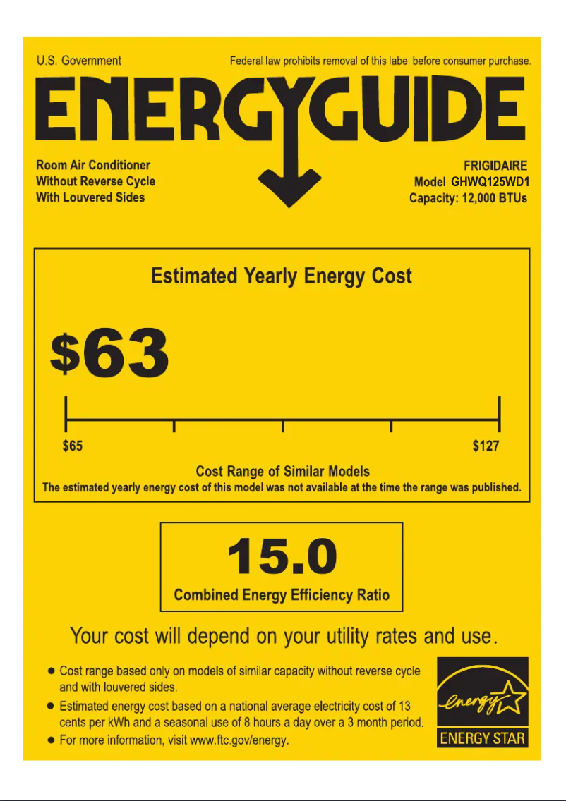 Page 1 de la notice Label énergétique Frigidaire GHWQ125WD1