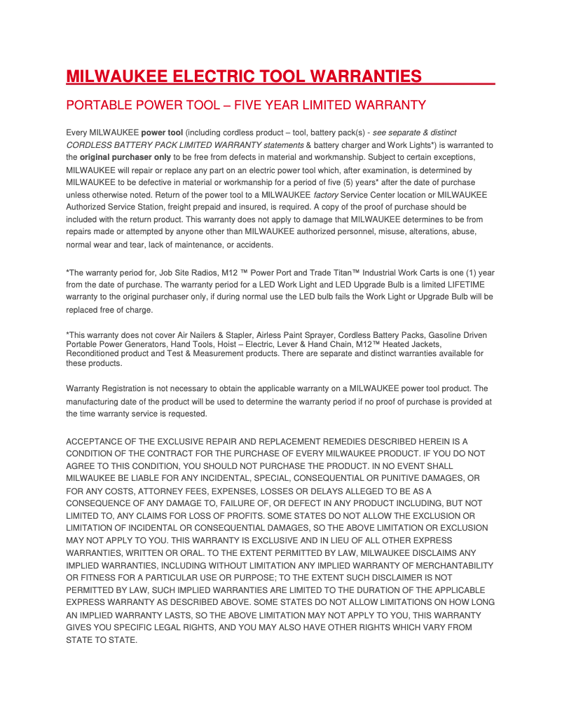 Page 1 de la notice Informations de garantie Milwaukee M18 Fuel 2990-20