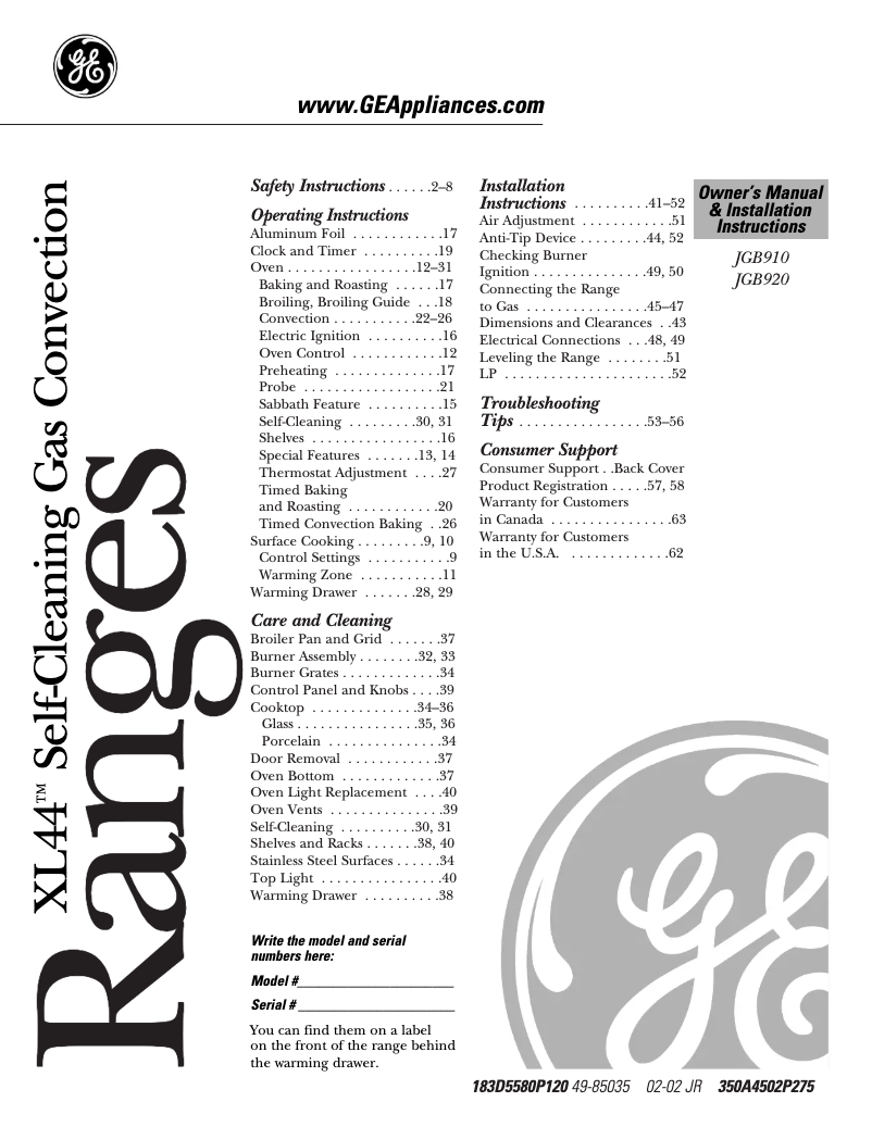 Page 1 of the manual Installation Guide GE Profile Spectra JGB910CECCC