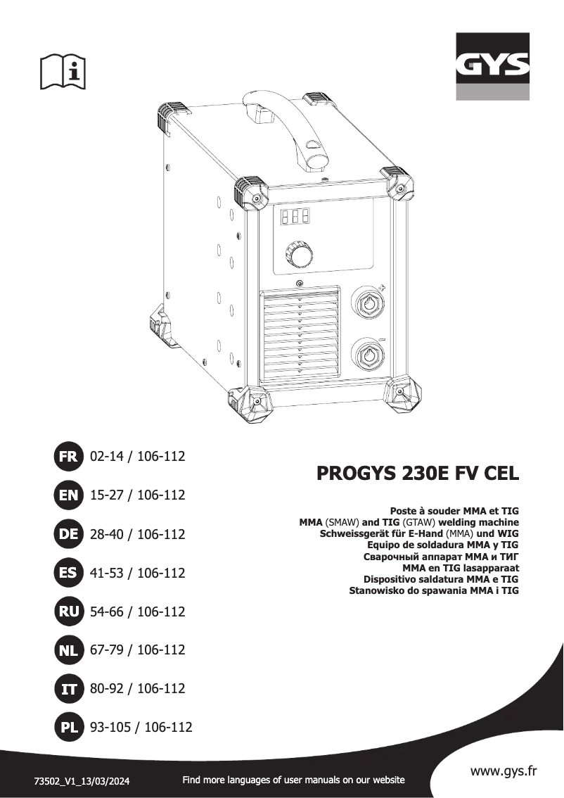 Page 1 de la notice Manuel utilisateur GYS PROGYS 230E FV CEL