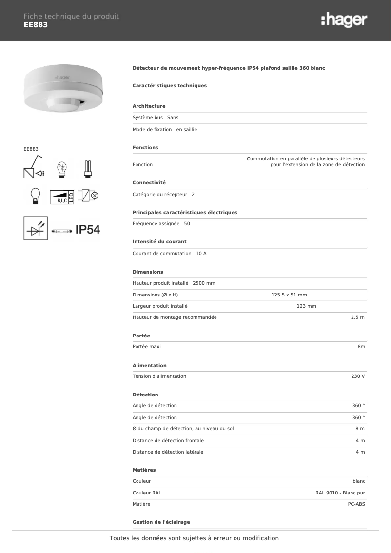 Page 1 de la notice Fiche technique Hager EE883