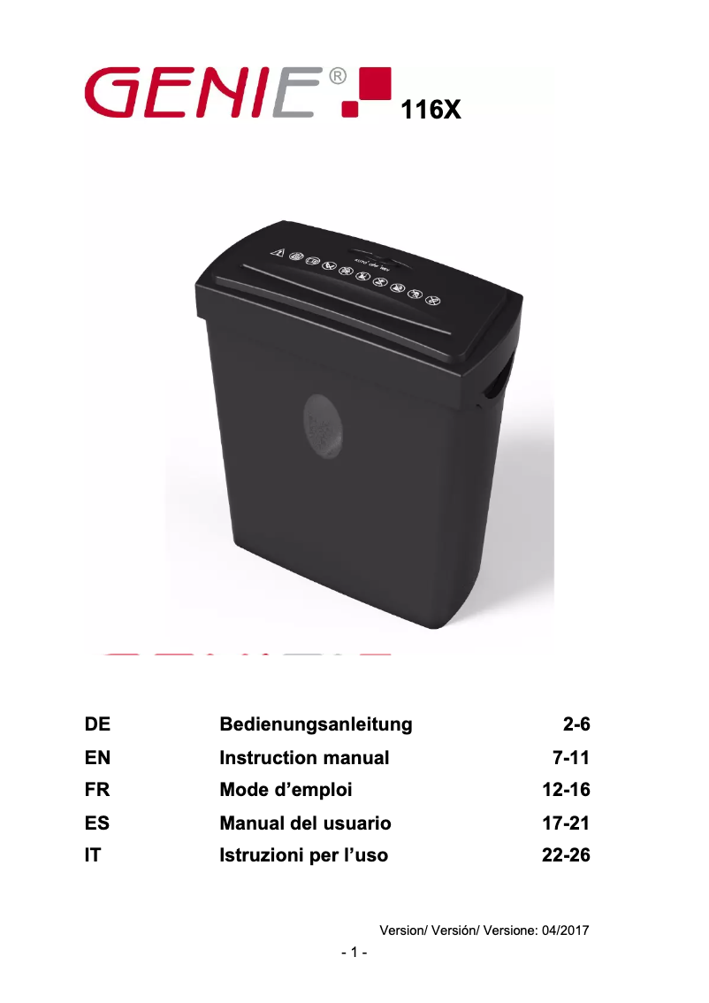 Page 1 de la notice Manuel utilisateur Genie 116X