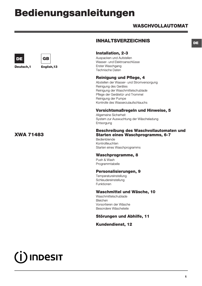 Página 1 del manual Manual de usuario Indesit XWA 71483 X W