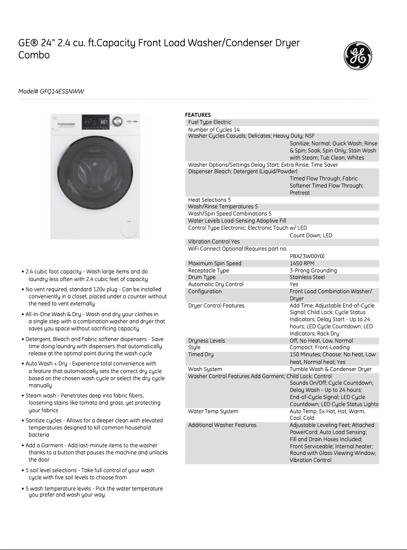 Página 1 del manual Ficha técnica GE GFQ14ESSNWW