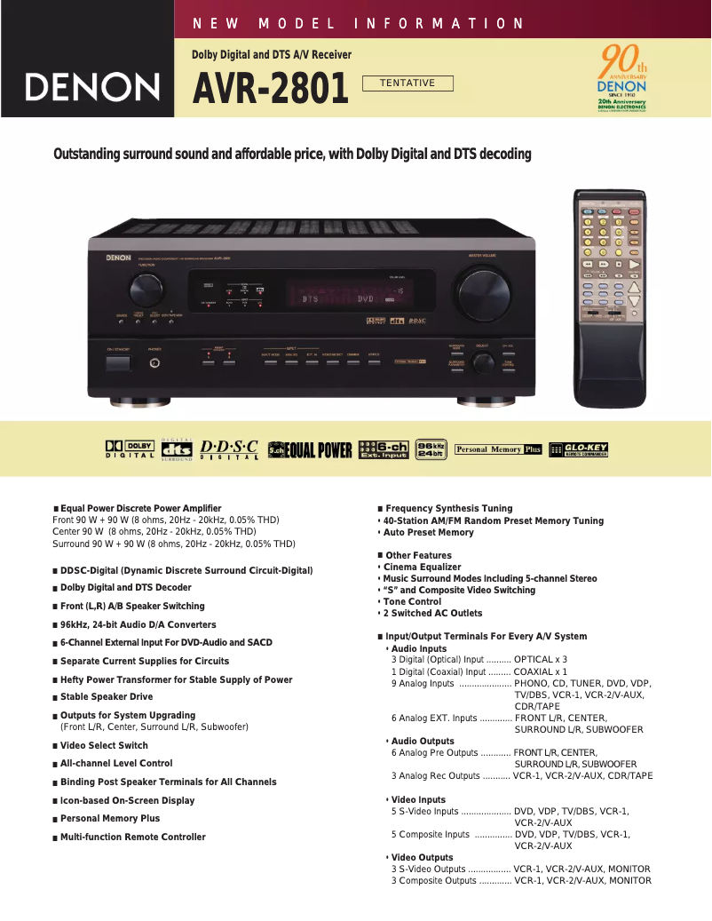 Page 1 de la notice Manuel utilisateur Denon AVR-2801