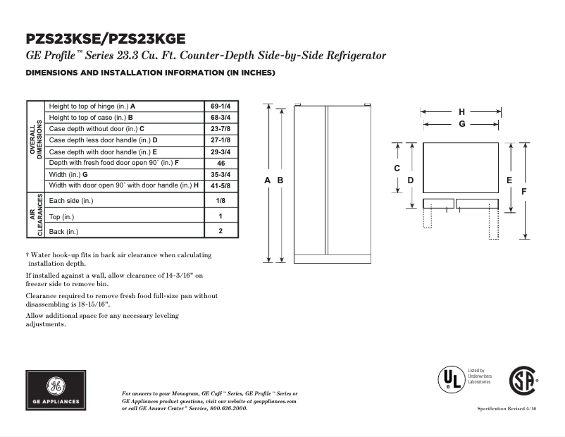 Page 1 of the manual Technical Sheet GE Profile PZS23KWW