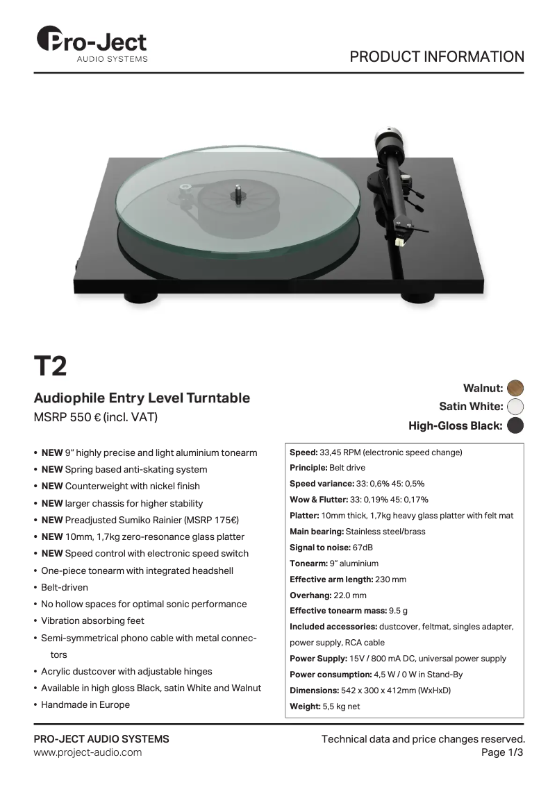Page 1 de la notice Fiche technique Pro-Ject T2