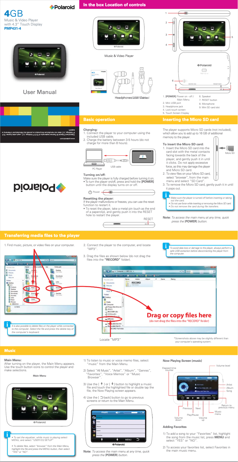 Page 1 de la notice Manuel utilisateur Polaroid PMP431-4