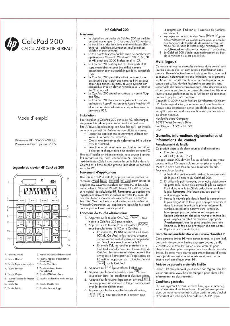 Page 1 de la notice Manuel utilisateur HP CalcPad 200