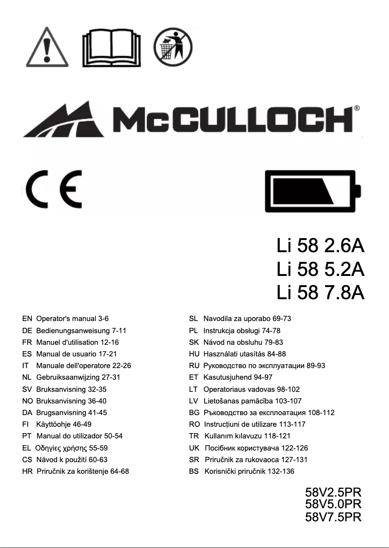 Page 1 de la notice Manuel utilisateur McCulloch Li 58 2.6A