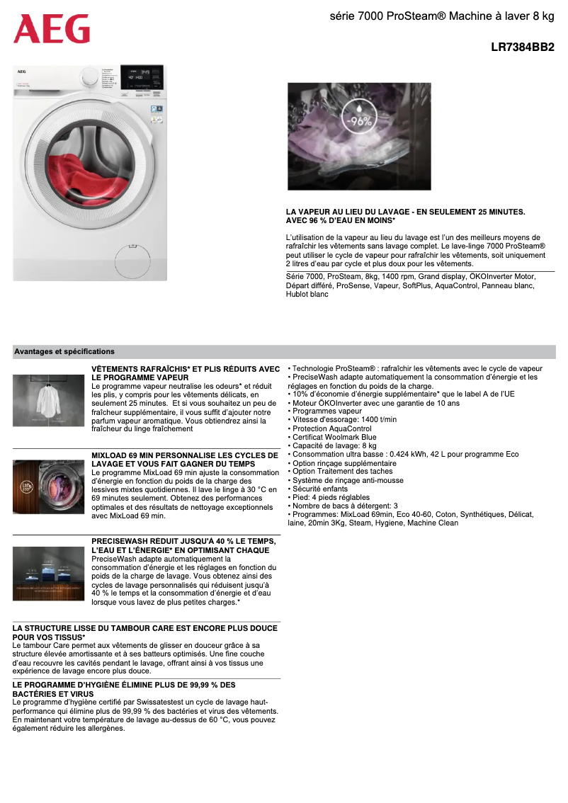 Page 1 de la notice Fiche technique AEG LR7384BB2