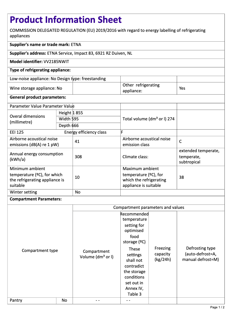 Page 1 de la notice Fiche technique Etna VV2185NWIT