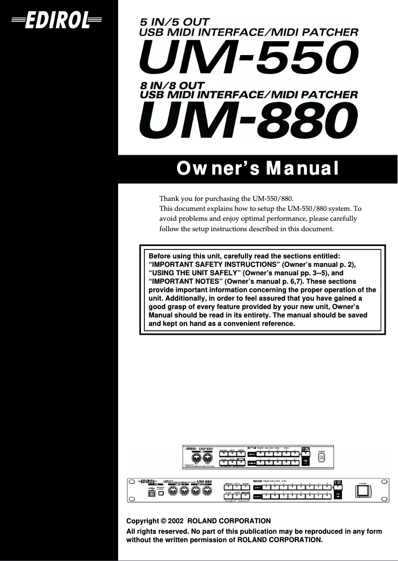 Page 1 de la notice Manuel utilisateur Roland UM-550
