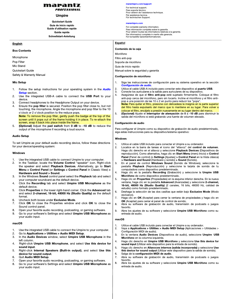 Page 1 of the manual Quick Start Guide Marantz Umpire