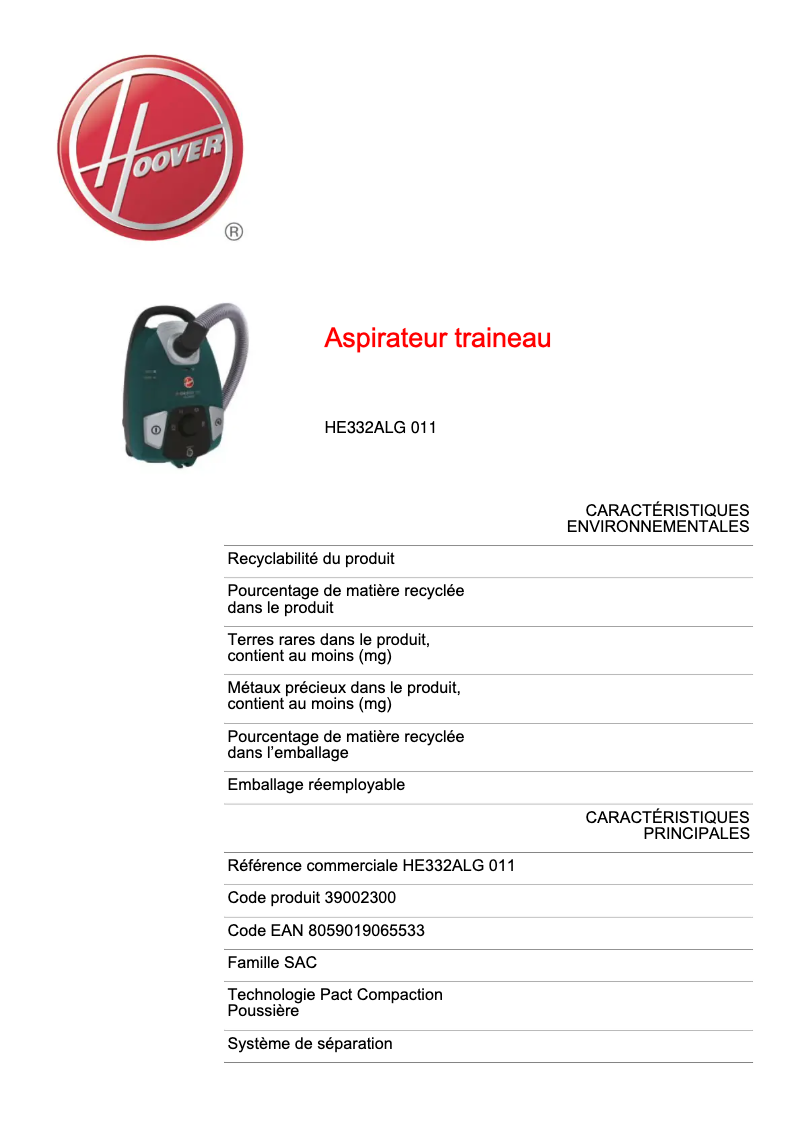 Page 1 de la notice Fiche technique Hoover H-ENERGY 300 HE332ALG 011