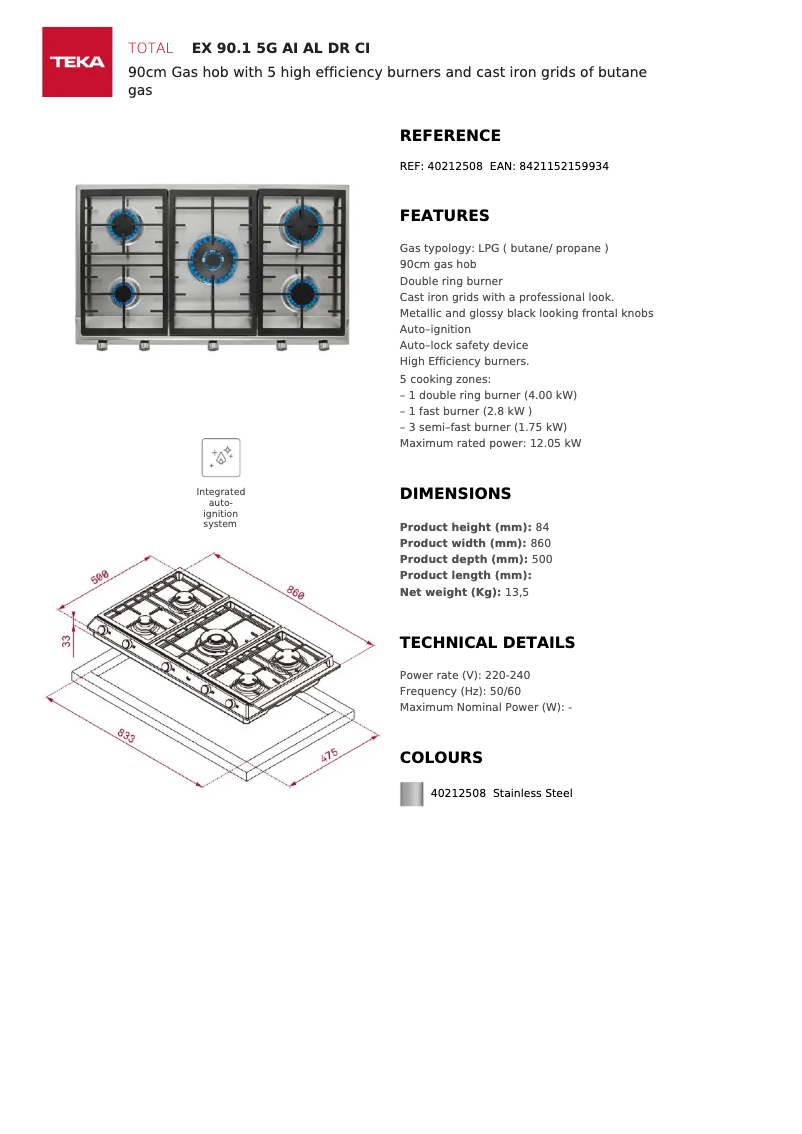Page 1 de la notice Fiche technique Teka EX 90.1 5G AI AL DR