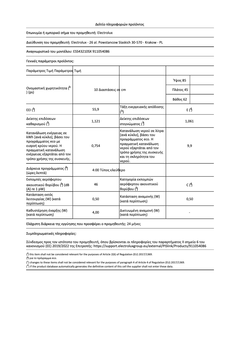 Página 1 del manual Ficha técnica Electrolux ESS43210SX